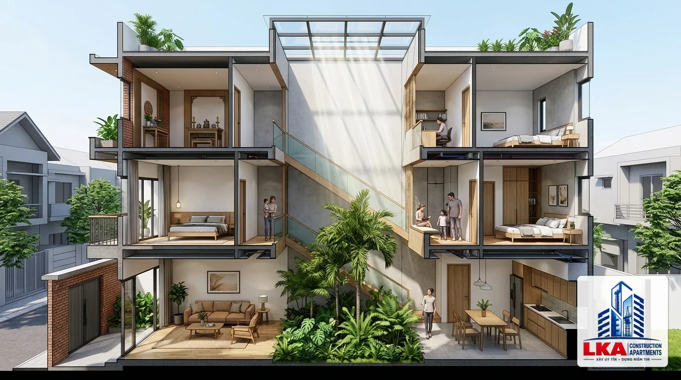 Bố Trí Phong Thủy Nhà Ống 5x20m: Bí Quyết Cửa Chính, Cầu Thang & Giếng Trời Tụ Khí